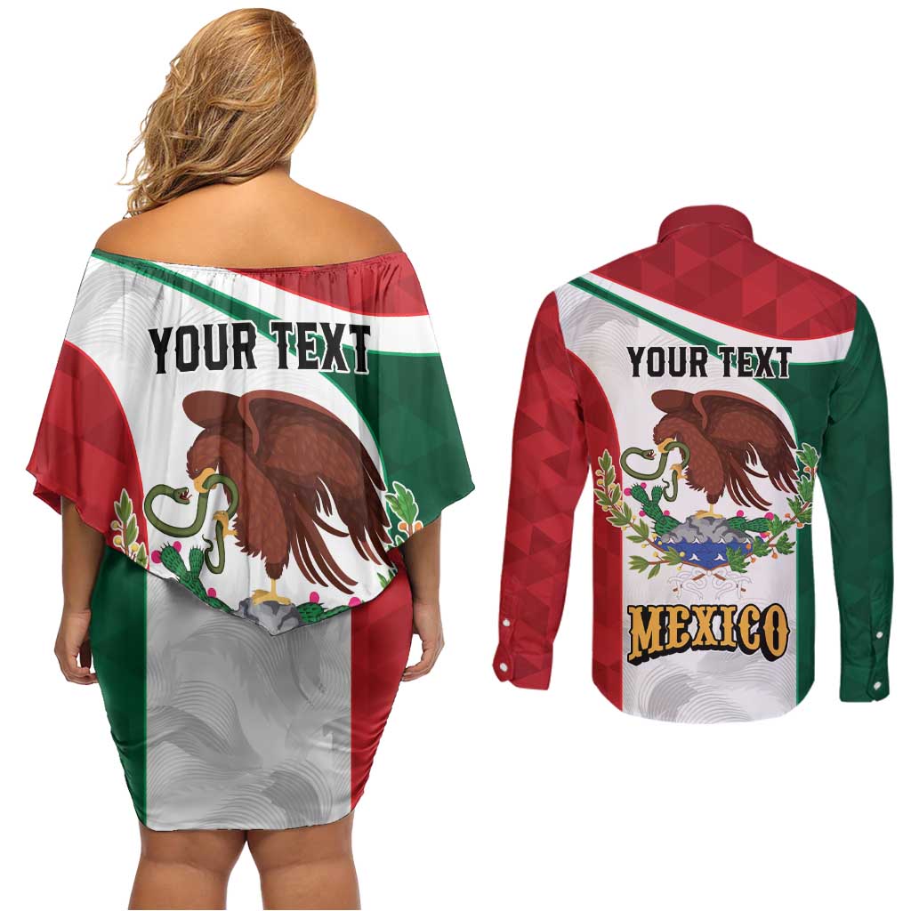 Eagle Devouring Snake Mexican Emblem Personalized Couples Matching Off Shoulder Short Dress and Long Sleeve Button Shirt Sporty Style