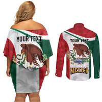 Eagle Devouring Snake Mexican Emblem Personalized Couples Matching Off Shoulder Short Dress and Long Sleeve Button Shirt Sporty Style
