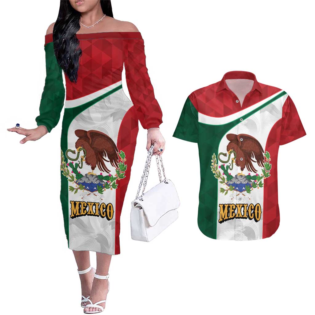 Eagle Devouring Snake Mexican Emblem Personalized Couples Matching Off The Shoulder Long Sleeve Dress and Hawaiian Shirt Sporty Style