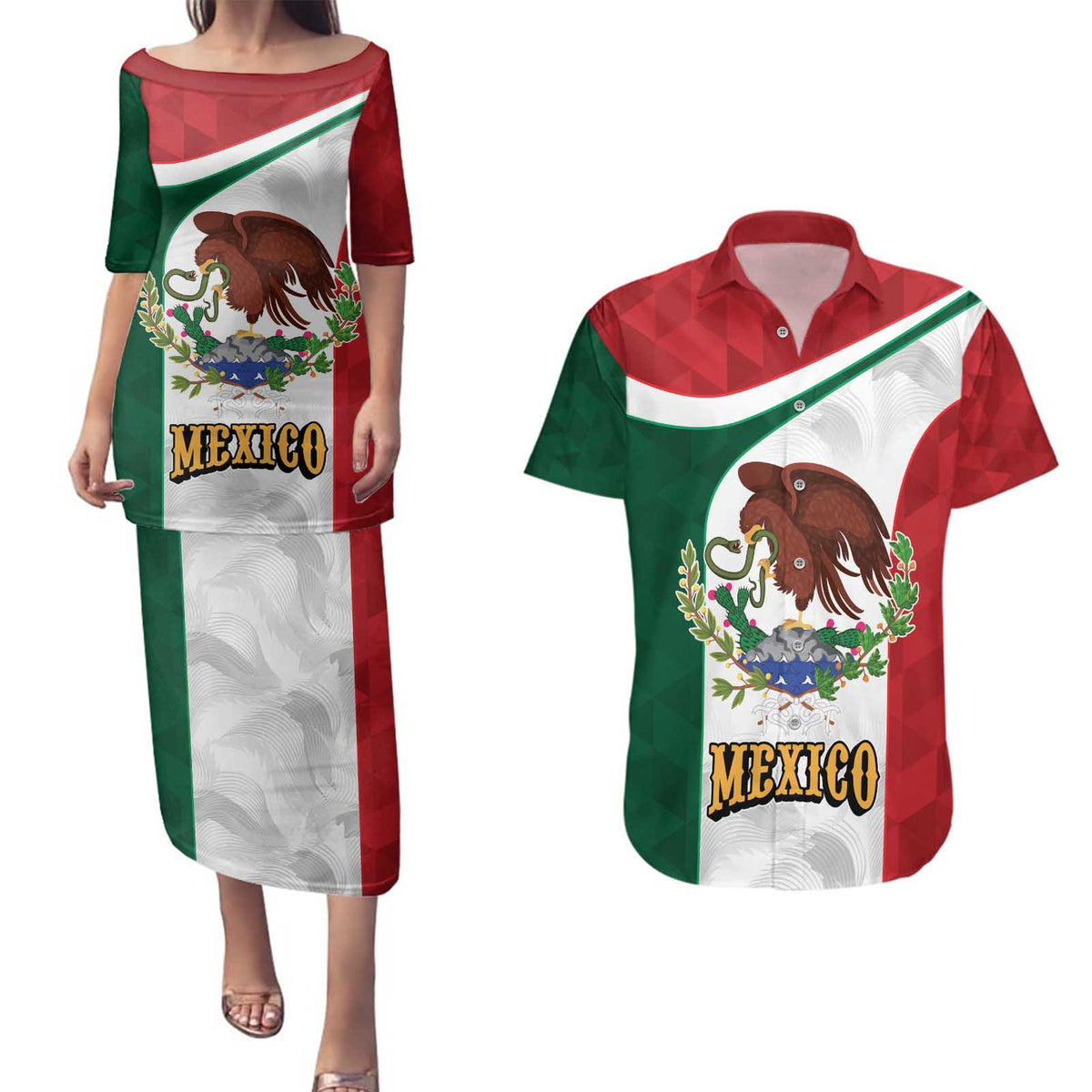Eagle Devouring Snake Mexican Emblem Personalized Couples Matching Puletasi and Hawaiian Shirt Sporty Style