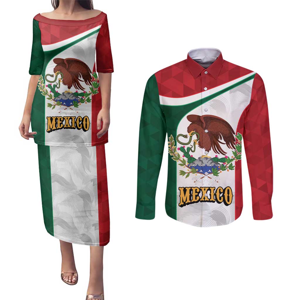 Eagle Devouring Snake Mexican Emblem Personalized Couples Matching Puletasi and Long Sleeve Button Shirt Sporty Style