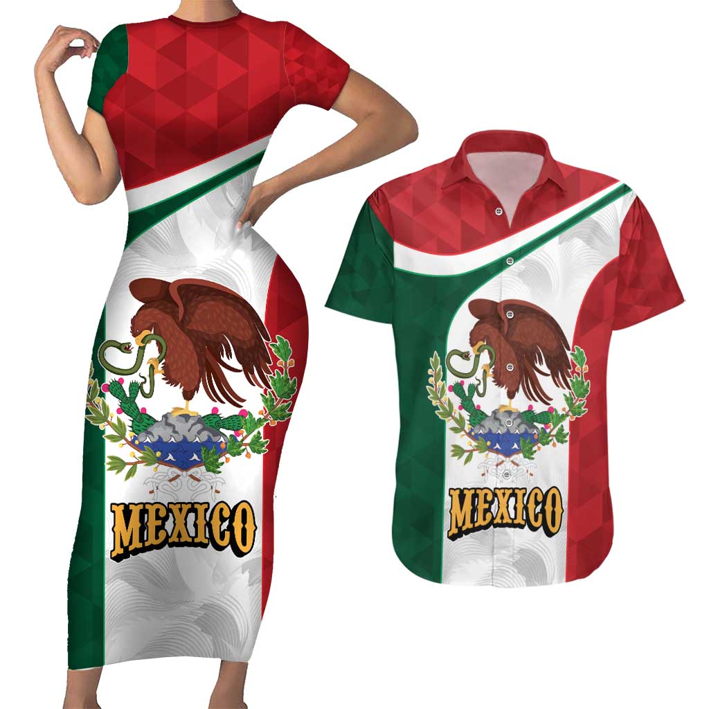Eagle Devouring Snake Mexican Emblem Personalized Couples Matching Short Sleeve Bodycon Dress and Hawaiian Shirt Sporty Style
