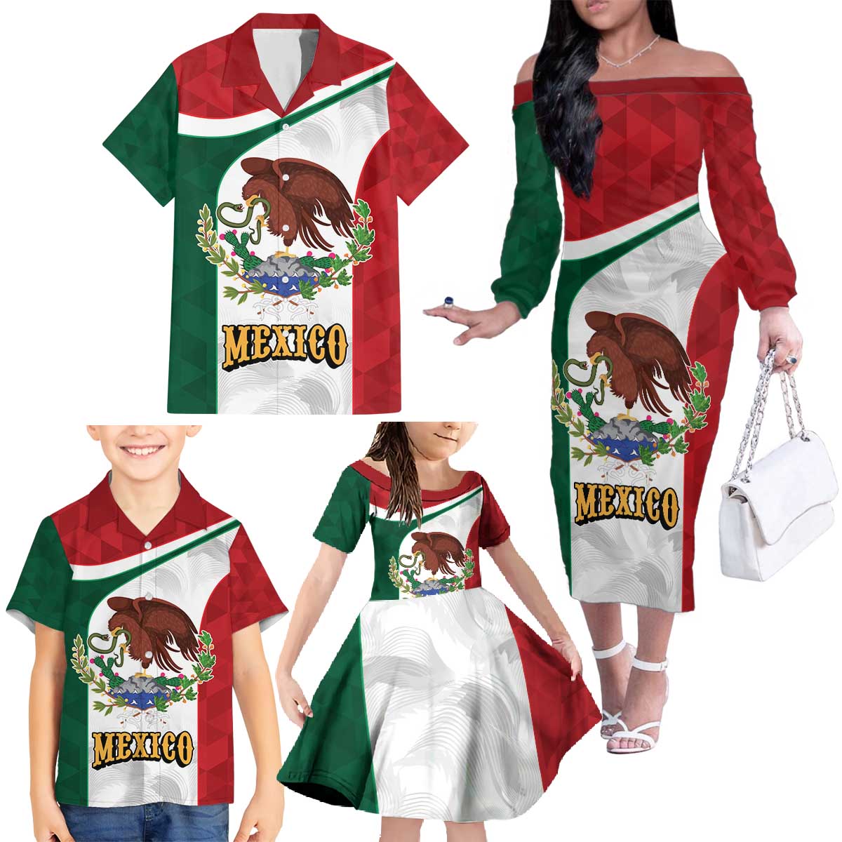 Eagle Devouring Snake Mexican Emblem Personalized Family Matching Off The Shoulder Long Sleeve Dress and Hawaiian Shirt Sporty Style