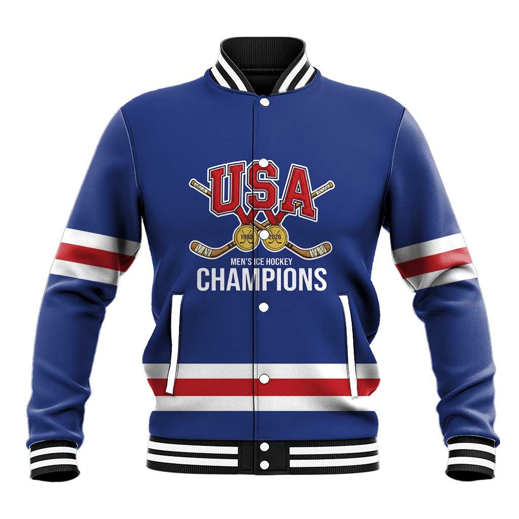 Custom United States Hockey 1980-2026 Gold Medal Baseball Jacket Embroidery Effect Blue Style