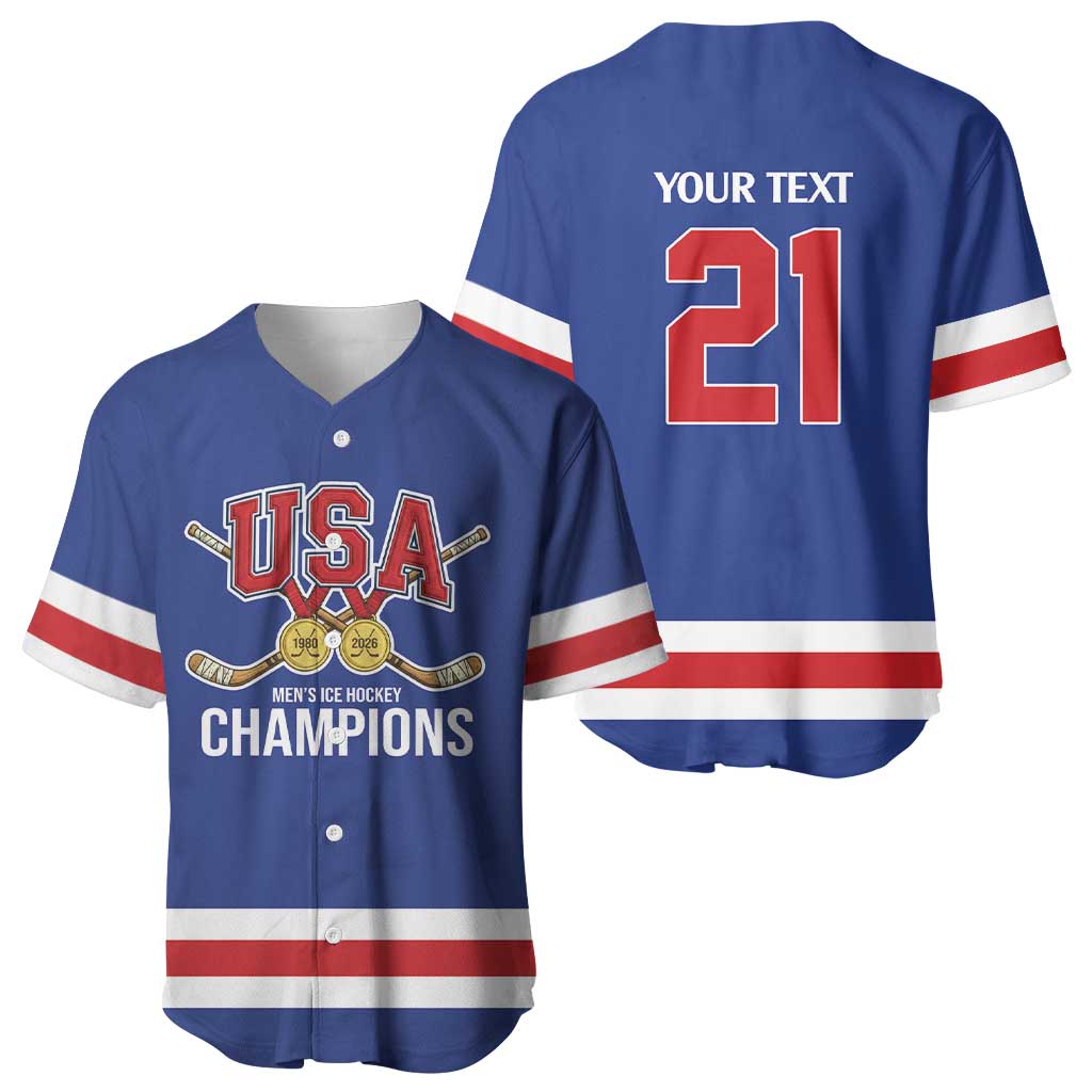 Custom United States Hockey 1980-2026 Gold Medal Baseball Jersey Embroidery Effect Blue Style