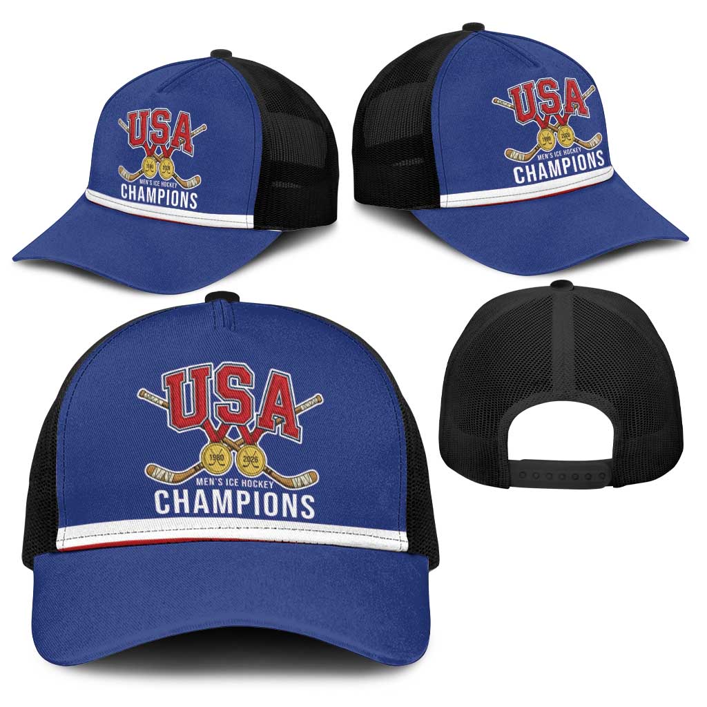 United States Hockey 1980-2026 Gold Medal Baseball Net Cap Embroidery Effect Blue Style