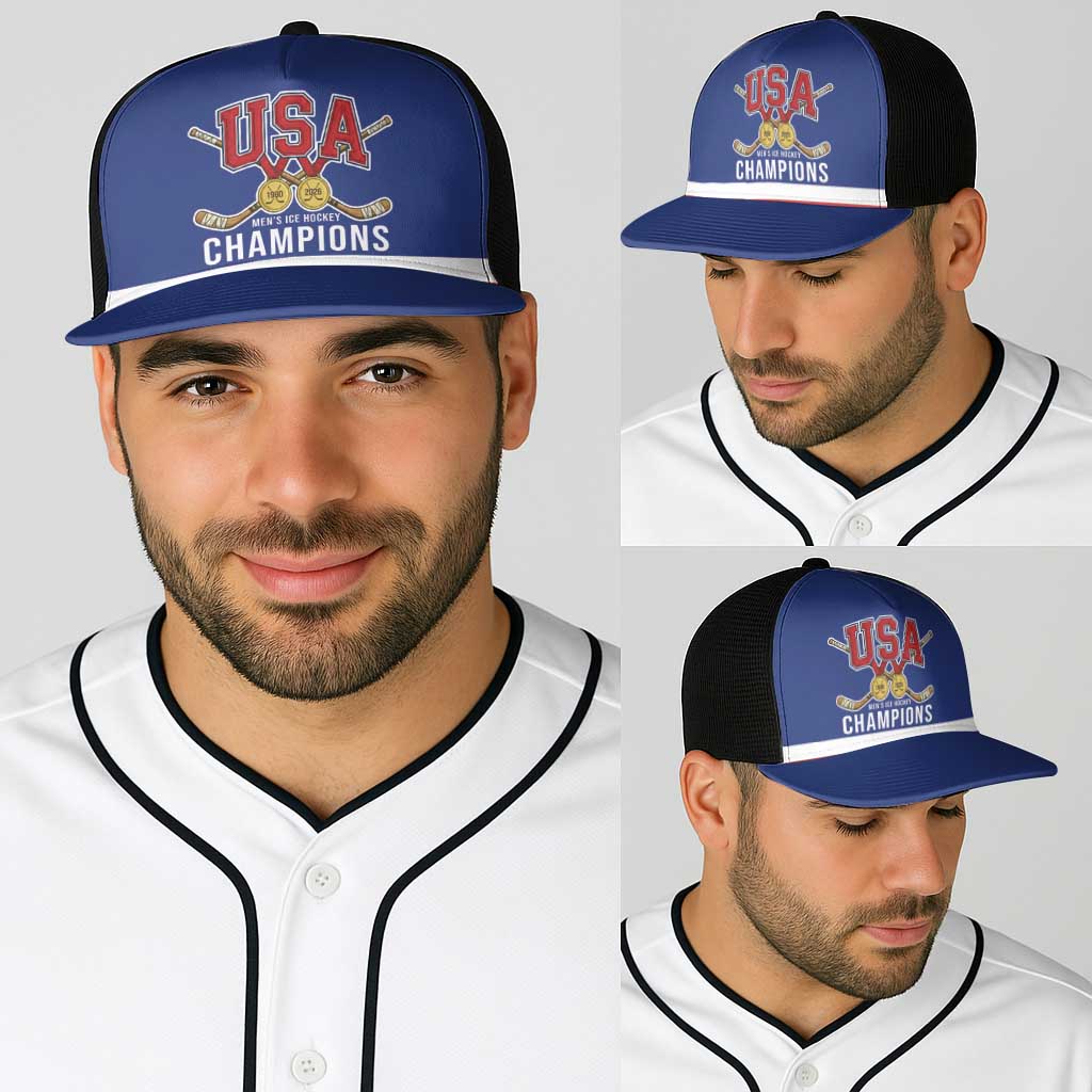 United States Hockey 1980-2026 Gold Medal Baseball Net Cap Embroidery Effect Blue Style