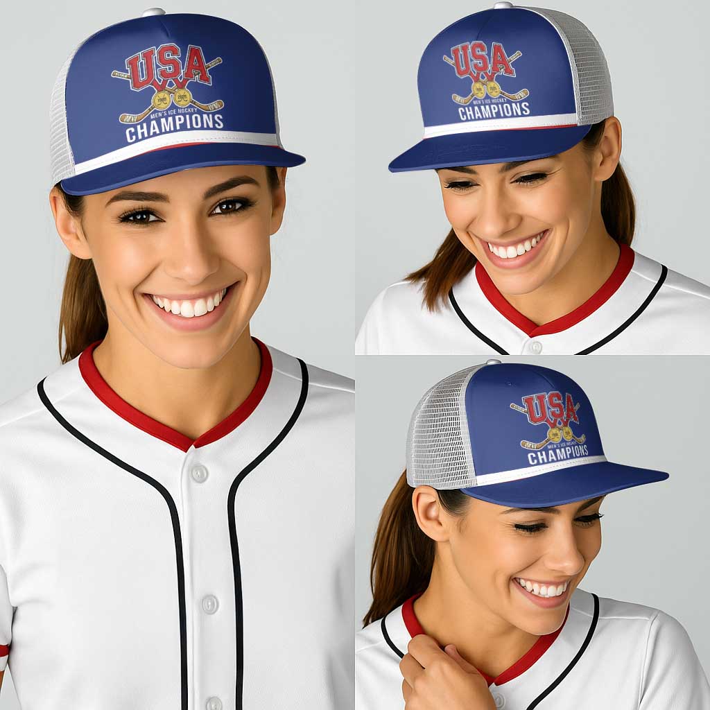 United States Hockey 1980-2026 Gold Medal Baseball Net Cap Embroidery Effect Blue Style
