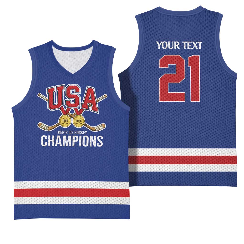 Custom United States Hockey 1980-2026 Gold Medal Basketball Jersey Embroidery Effect Blue Style