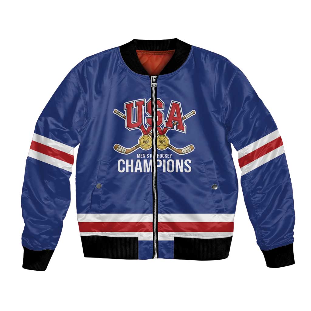 Custom United States Hockey 1980-2026 Gold Medal Bomber Jacket Embroidery Effect Blue Style