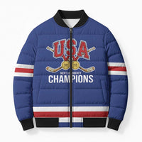 Custom United States Hockey 1980-2026 Gold Medal Bomber Puffer Jacket Embroidery Effect Blue Style