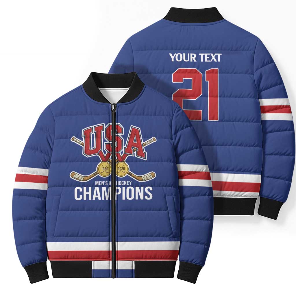 Custom United States Hockey 1980-2026 Gold Medal Bomber Puffer Jacket Embroidery Effect Blue Style