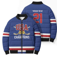 Custom United States Hockey 1980-2026 Gold Medal Bomber Puffer Jacket Embroidery Effect Blue Style