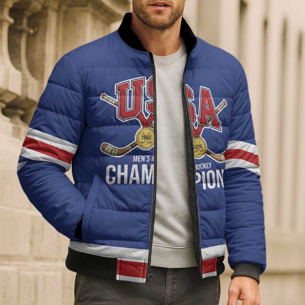 Custom United States Hockey 1980-2026 Gold Medal Bomber Puffer Jacket Embroidery Effect Blue Style