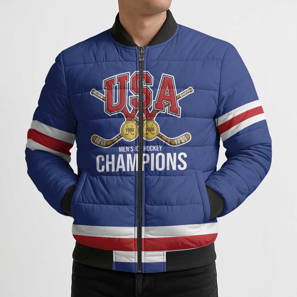 Custom United States Hockey 1980-2026 Gold Medal Bomber Puffer Jacket Embroidery Effect Blue Style
