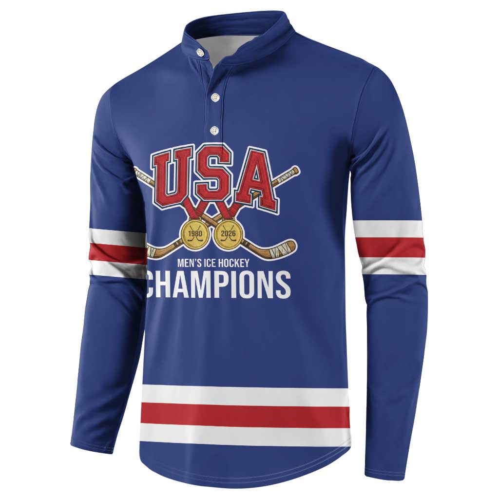 Custom United States Hockey 1980-2026 Gold Medal Button Sweatshirt Embroidery Effect Blue Style