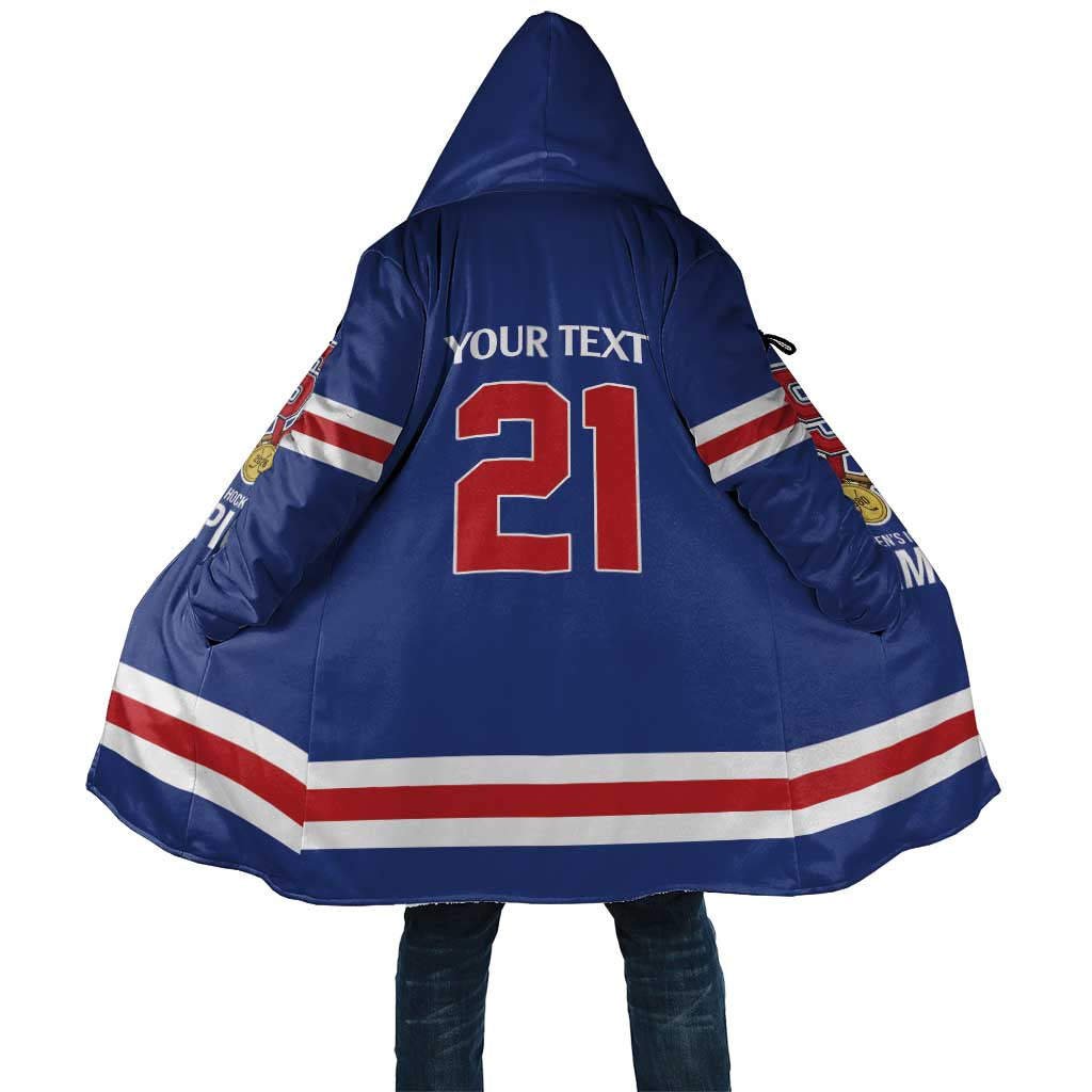 Custom United States Hockey 1980-2026 Gold Medal Cloak Embroidery Effect Blue Style