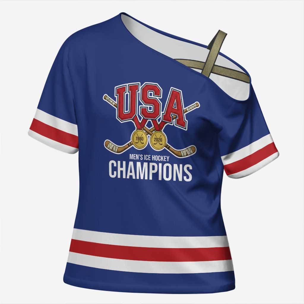 Custom United States Hockey 1980-2026 Gold Medal Cross Shoulder Shirt Embroidery Effect Blue Style