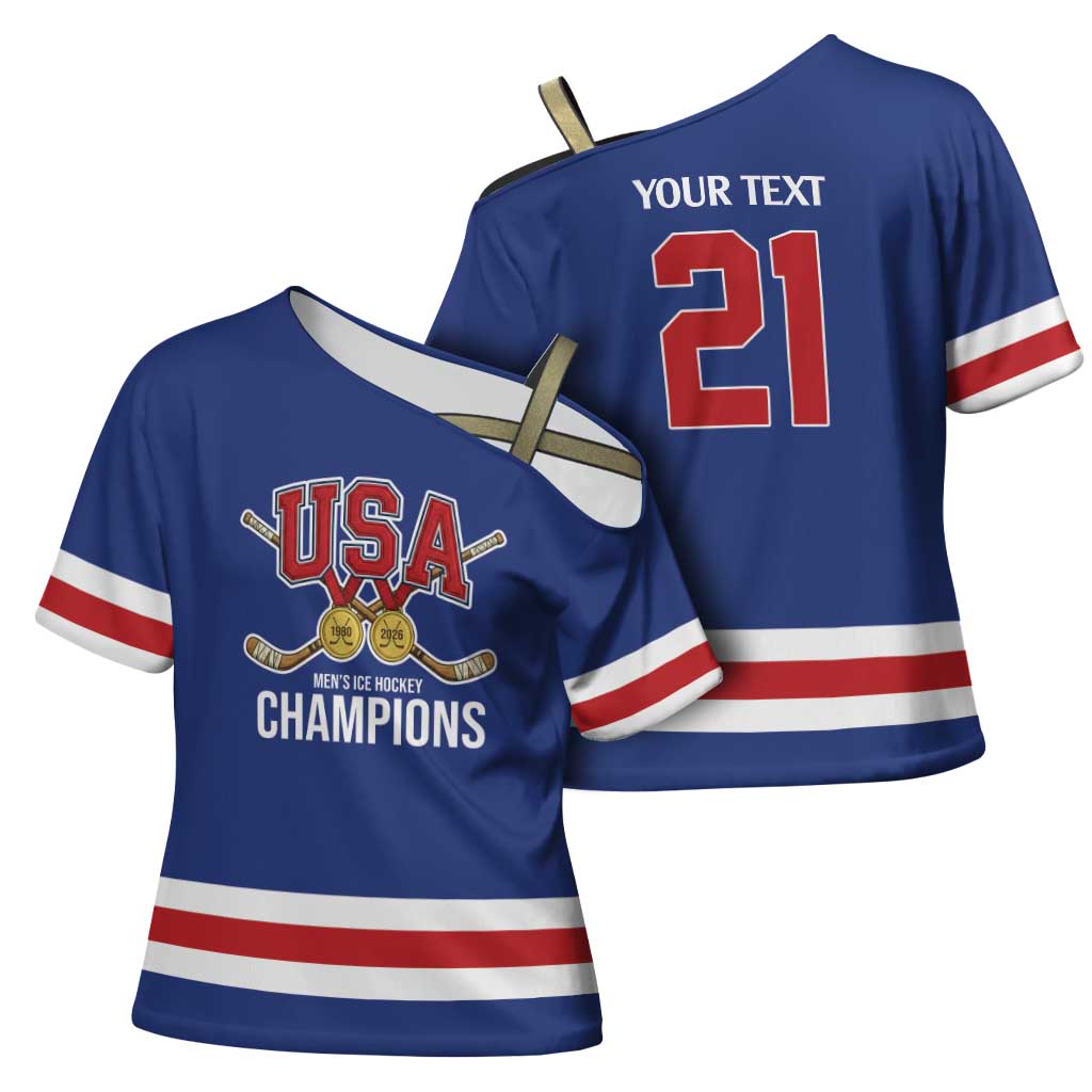 Custom United States Hockey 1980-2026 Gold Medal Cross Shoulder Shirt Embroidery Effect Blue Style
