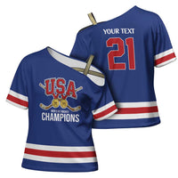 Custom United States Hockey 1980-2026 Gold Medal Cross Shoulder Shirt Embroidery Effect Blue Style