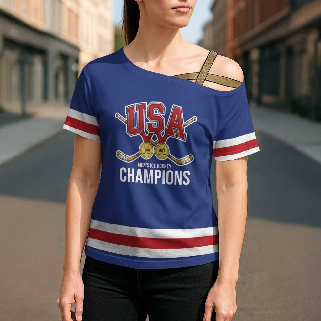 Custom United States Hockey 1980-2026 Gold Medal Cross Shoulder Shirt Embroidery Effect Blue Style