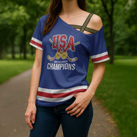 Custom United States Hockey 1980-2026 Gold Medal Cross Shoulder Shirt Embroidery Effect Blue Style