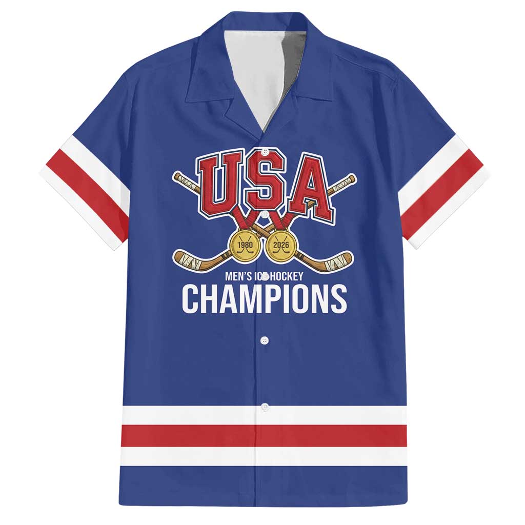Custom United States Hockey 1980-2026 Gold Medal Hawaiian Shirt Embroidery Effect Blue Style