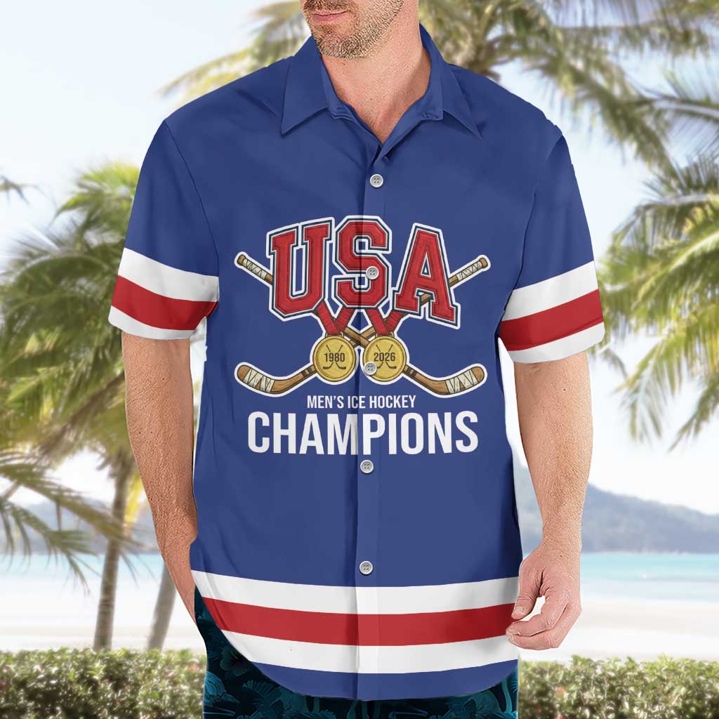 Custom United States Hockey 1980-2026 Gold Medal Hawaiian Shirt Embroidery Effect Blue Style