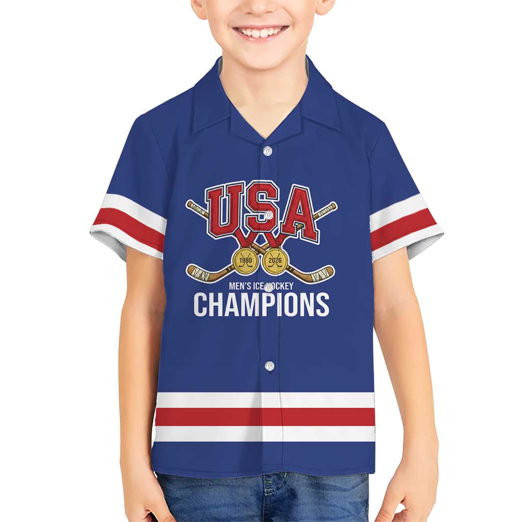 Custom United States Hockey 1980-2026 Gold Medal Hawaiian Shirt Embroidery Effect Blue Style