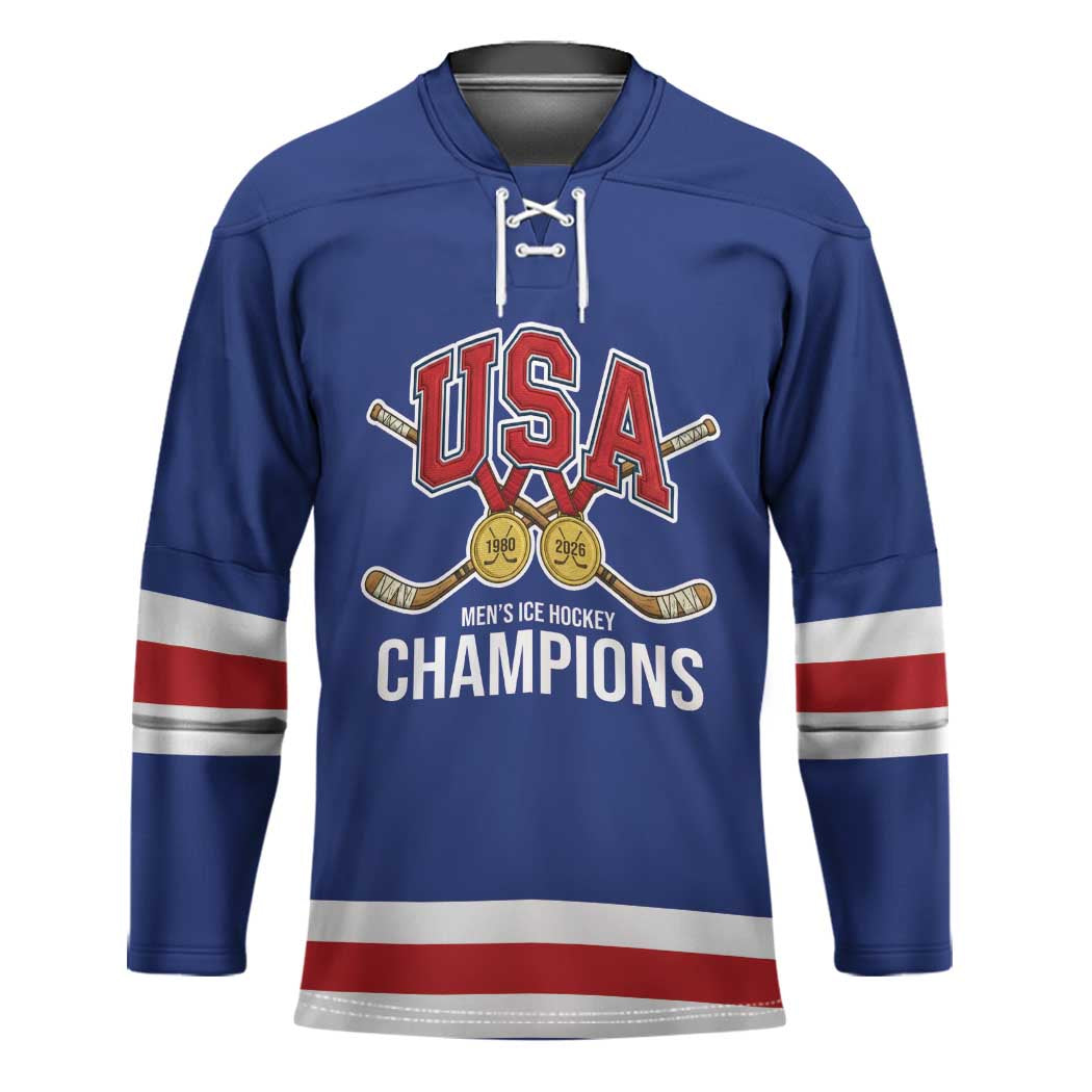 Custom United States Hockey 1980-2026 Gold Medal Hockey Jersey Embroidery Effect Blue Style