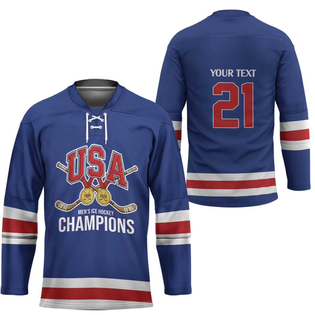 Custom United States Hockey 1980-2026 Gold Medal Hockey Jersey Embroidery Effect Blue Style