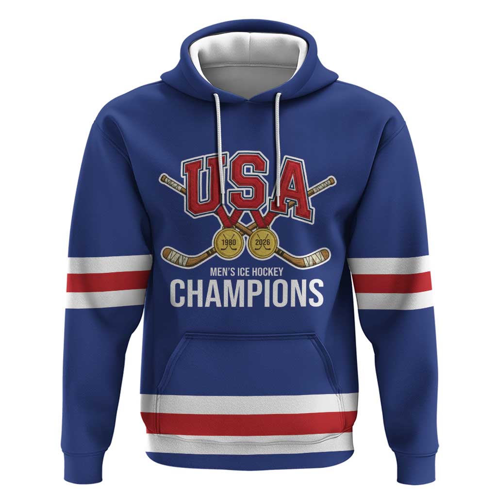 Custom United States Hockey 1980-2026 Gold Medal Hoodie Embroidery Effect Blue Style
