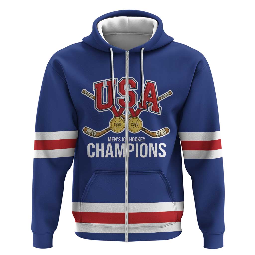 Custom United States Hockey 1980-2026 Gold Medal Hoodie Embroidery Effect Blue Style