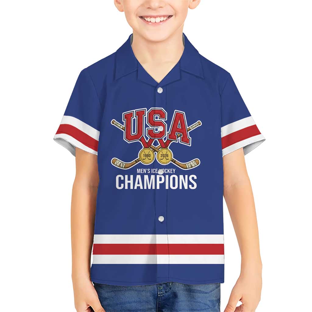 Custom United States Hockey 1980-2026 Gold Medal Kid Hawaiian Shirt Embroidery Effect Blue Style