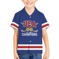 Custom United States Hockey 1980-2026 Gold Medal Kid Hawaiian Shirt Embroidery Effect Blue Style