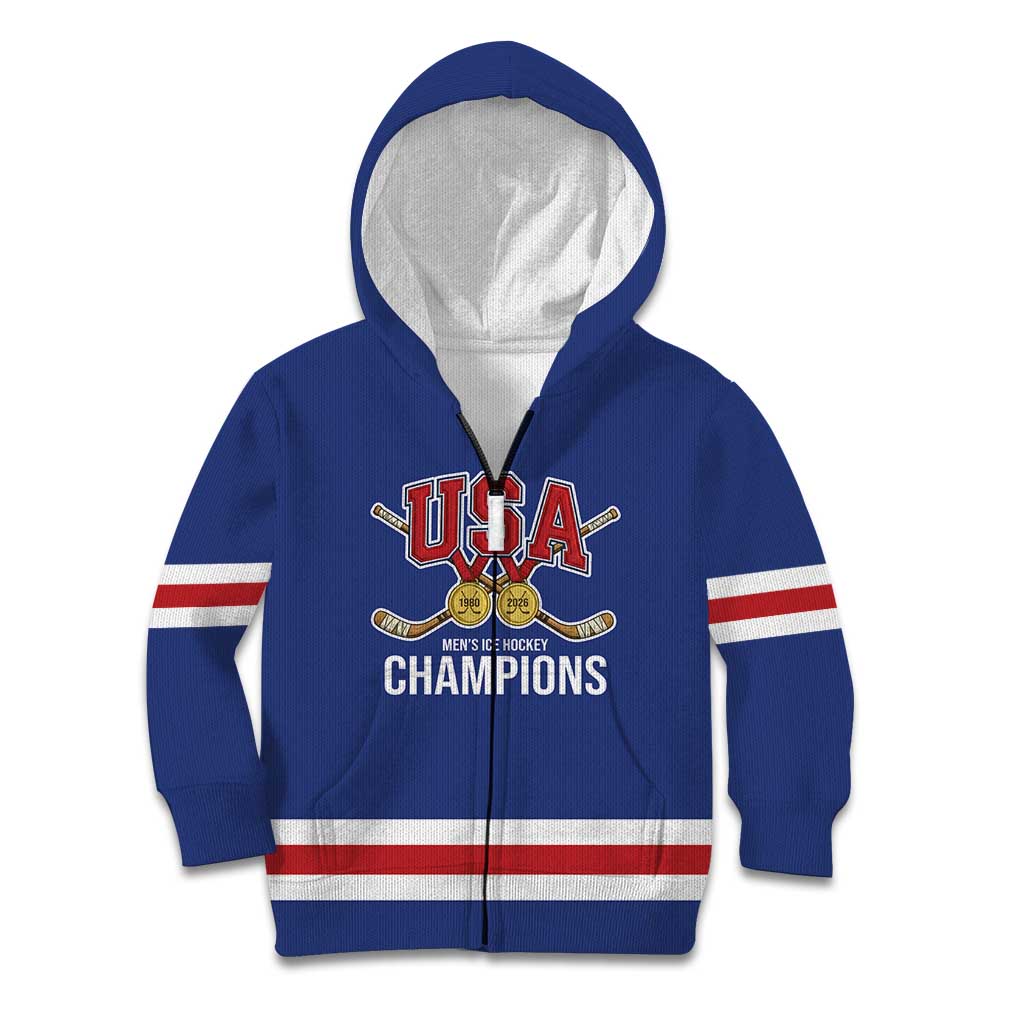 Custom United States Hockey 1980-2026 Gold Medal Kid Hoodie Embroidery Effect Blue Style
