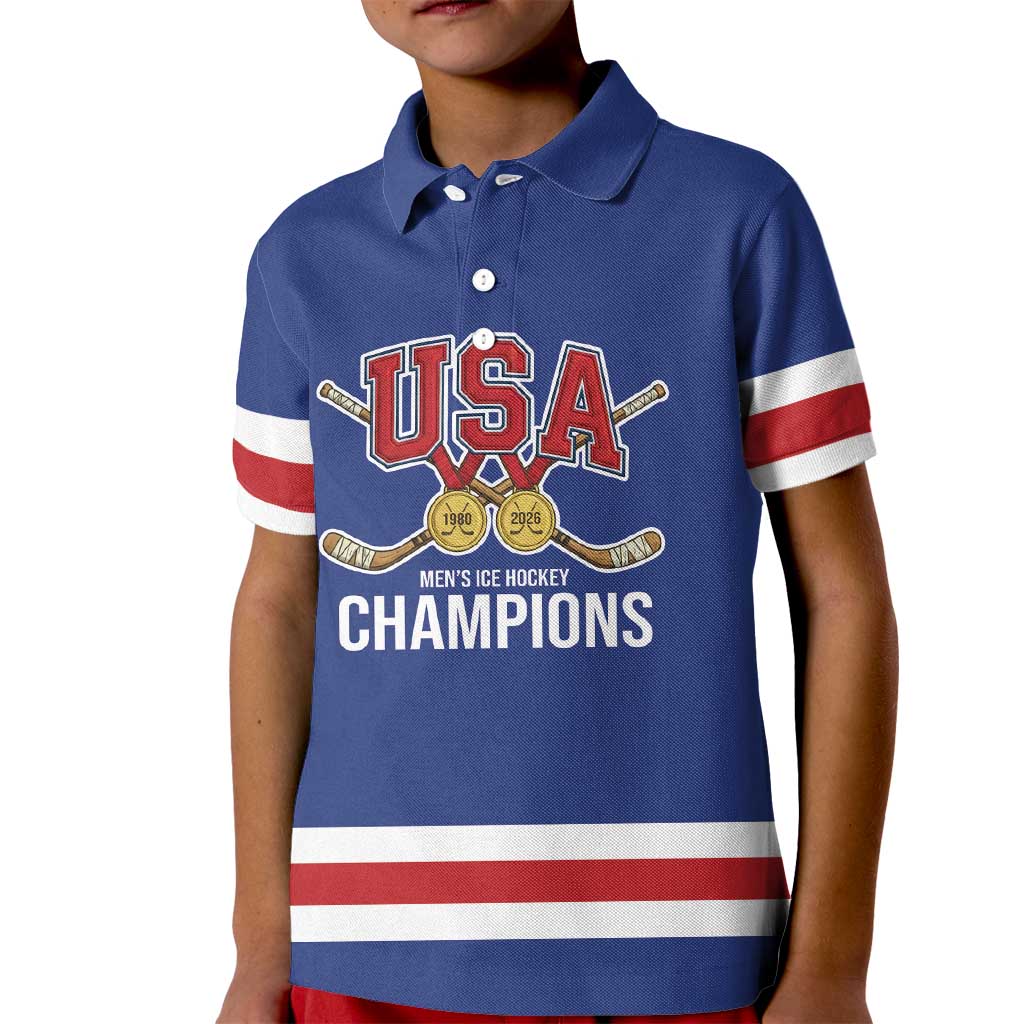 Custom United States Hockey 1980-2026 Gold Medal Kid Polo Shirt Embroidery Effect Blue Style