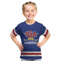 Custom United States Hockey 1980-2026 Gold Medal Kid T Shirt Embroidery Effect Blue Style