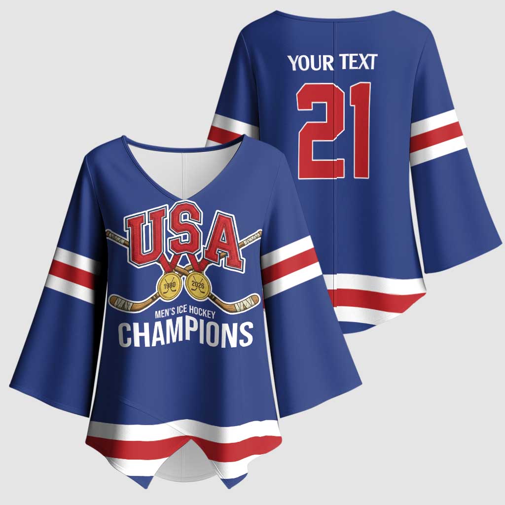 Custom United States Hockey 1980-2026 Gold Medal Kimono Sleeve Blouse Embroidery Effect Blue Style