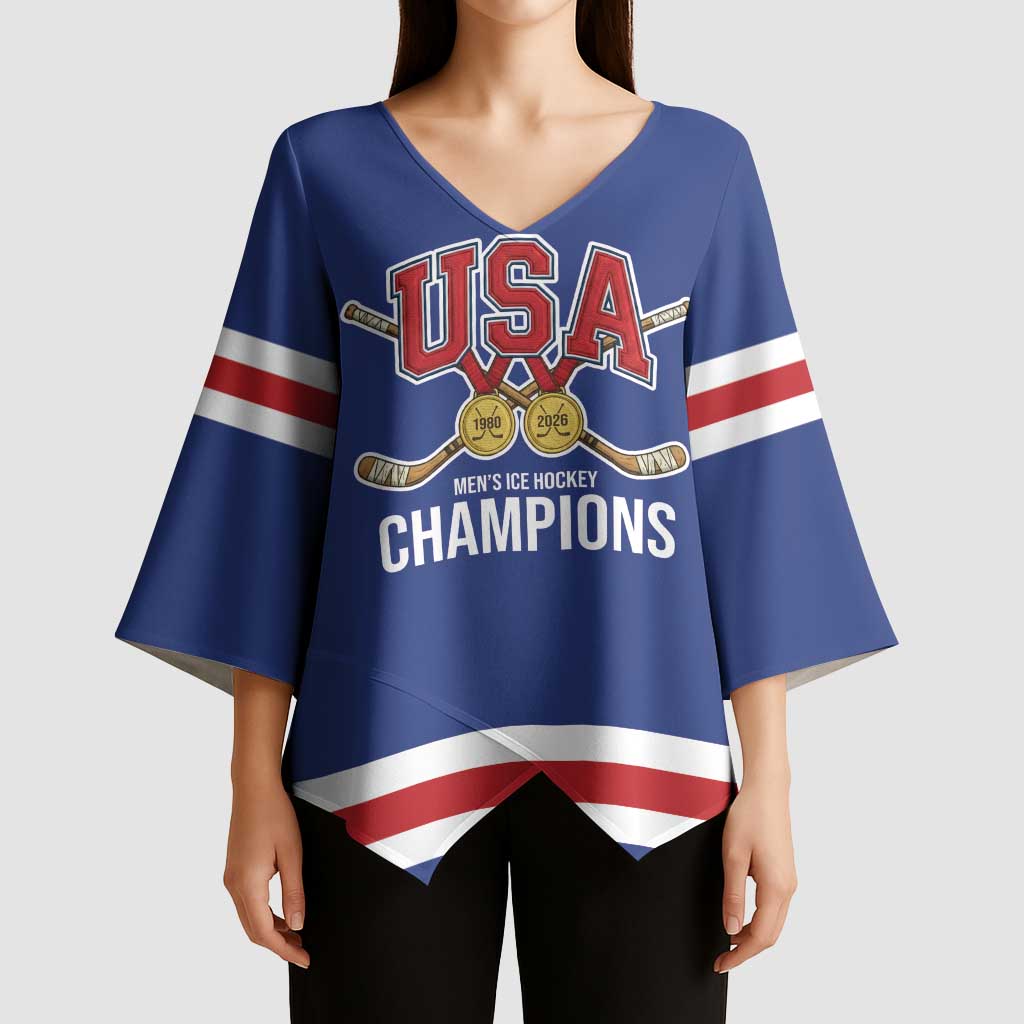 Custom United States Hockey 1980-2026 Gold Medal Kimono Sleeve Blouse Embroidery Effect Blue Style