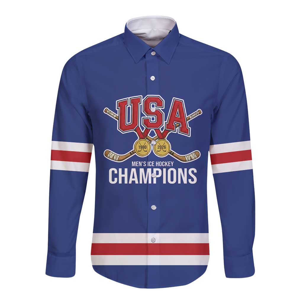 Custom United States Hockey 1980-2026 Gold Medal Long Sleeve Button Shirt Embroidery Effect Blue Style
