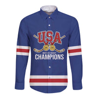 Custom United States Hockey 1980-2026 Gold Medal Long Sleeve Button Shirt Embroidery Effect Blue Style