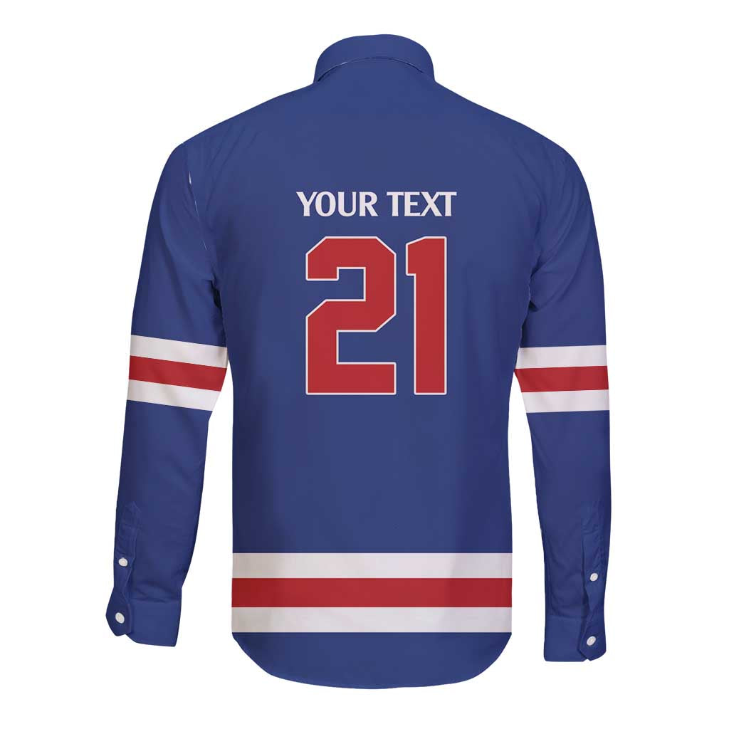Custom United States Hockey 1980-2026 Gold Medal Long Sleeve Button Shirt Embroidery Effect Blue Style