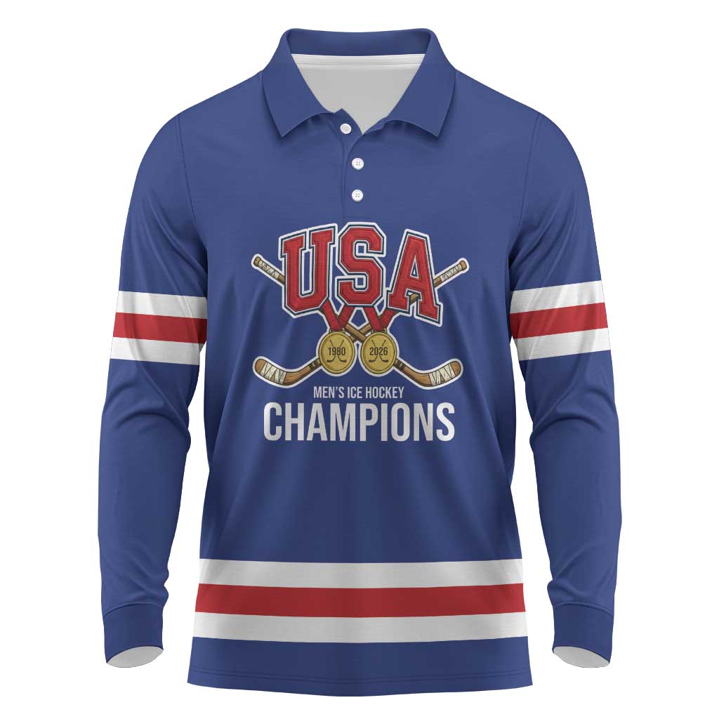 Custom United States Hockey 1980-2026 Gold Medal Long Sleeve Polo Shirt Embroidery Effect Blue Style