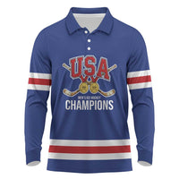 Custom United States Hockey 1980-2026 Gold Medal Long Sleeve Polo Shirt Embroidery Effect Blue Style