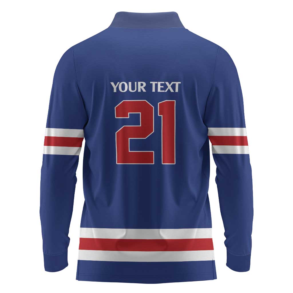 Custom United States Hockey 1980-2026 Gold Medal Long Sleeve Polo Shirt Embroidery Effect Blue Style