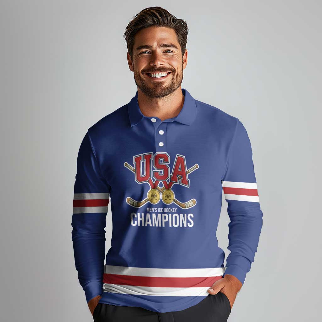 Custom United States Hockey 1980-2026 Gold Medal Long Sleeve Polo Shirt Embroidery Effect Blue Style