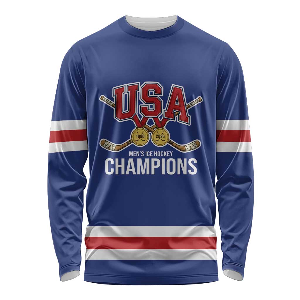 Custom United States Hockey 1980-2026 Gold Medal Long Sleeve Shirt Embroidery Effect Blue Style