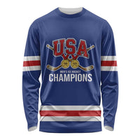 Custom United States Hockey 1980-2026 Gold Medal Long Sleeve Shirt Embroidery Effect Blue Style