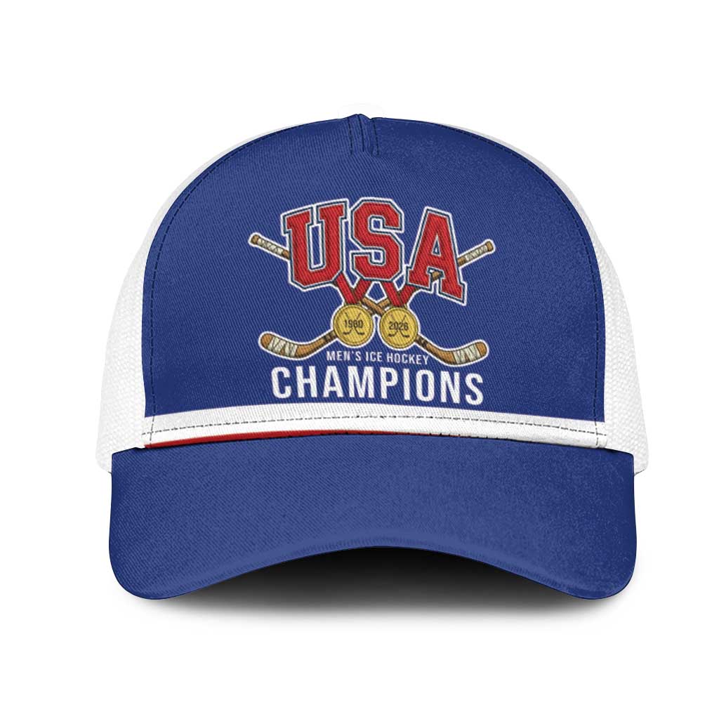 United States Hockey 1980-2026 Gold Medal Mesh Trucker Cap Embroidery Effect Blue Style